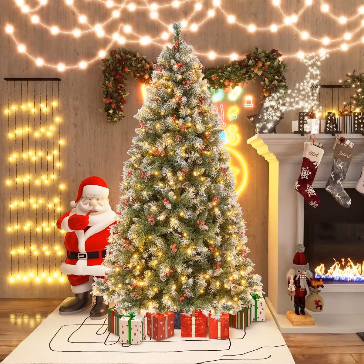 Albero di Natale artificiale Costway verde con luci LED bianco caldo e 8 modalità di illuminazione, Altezza: 195 cm