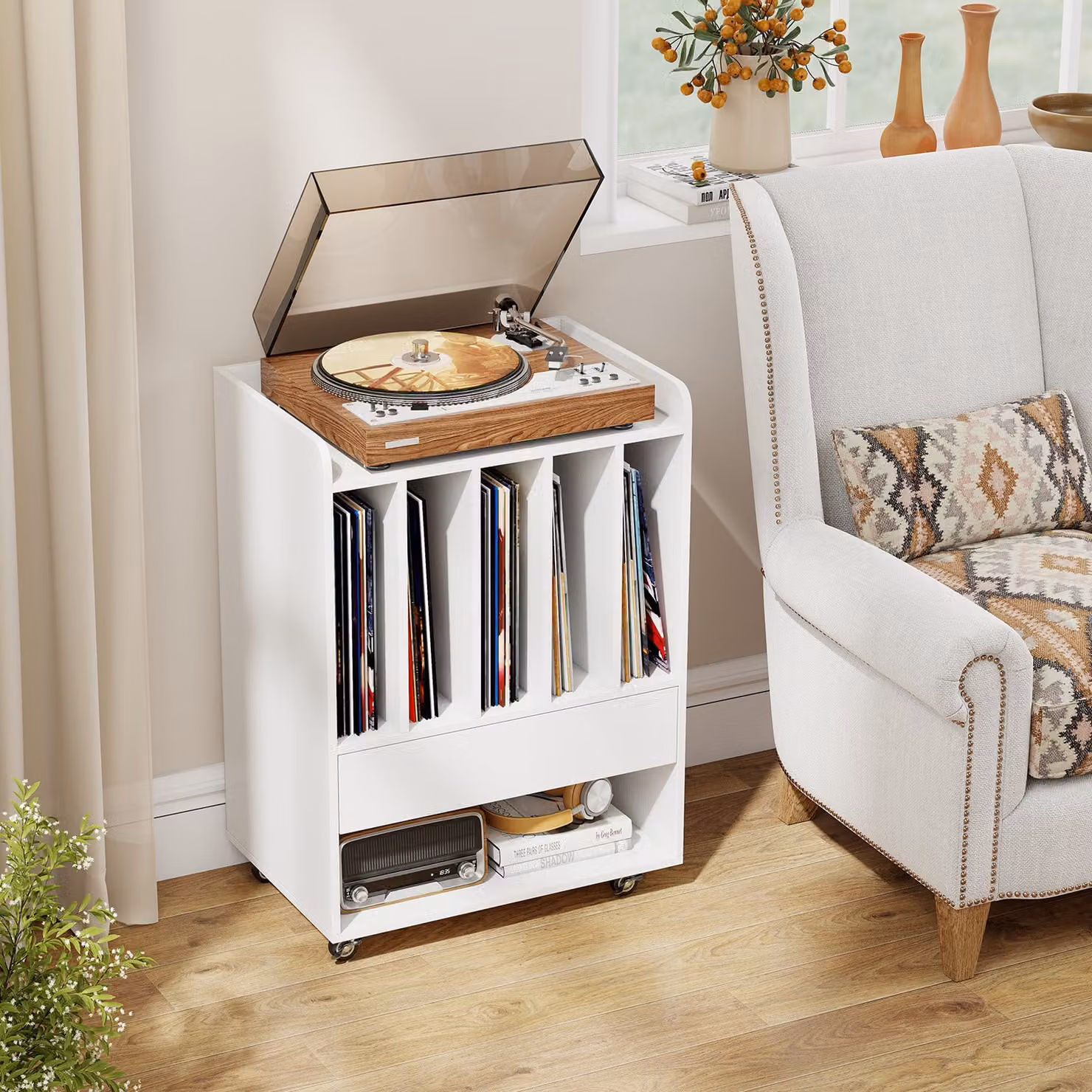Mobile porta vinili Costway Bianco con scomparto aperto, cassetto e gancio rimovibile