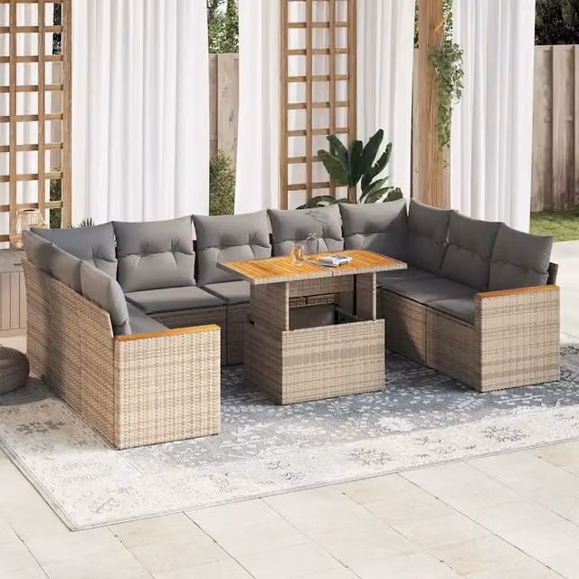 Set da giardino a forma di U vidaXL in polyrattan e legno di acacia con 10 pezzi, cuscini beige e tavolino da esterno – 1