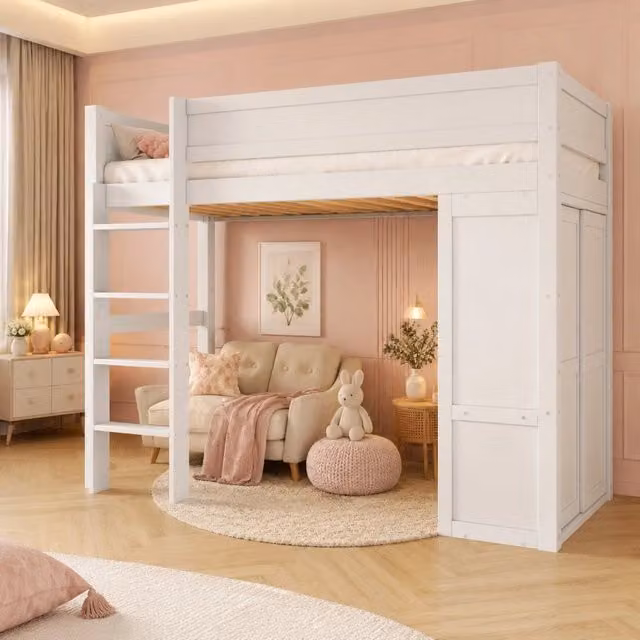 Letto a soppalco 90x200 cm per bambini in legno di pino bianco con armadio e spazio contenitivo, senza materasso