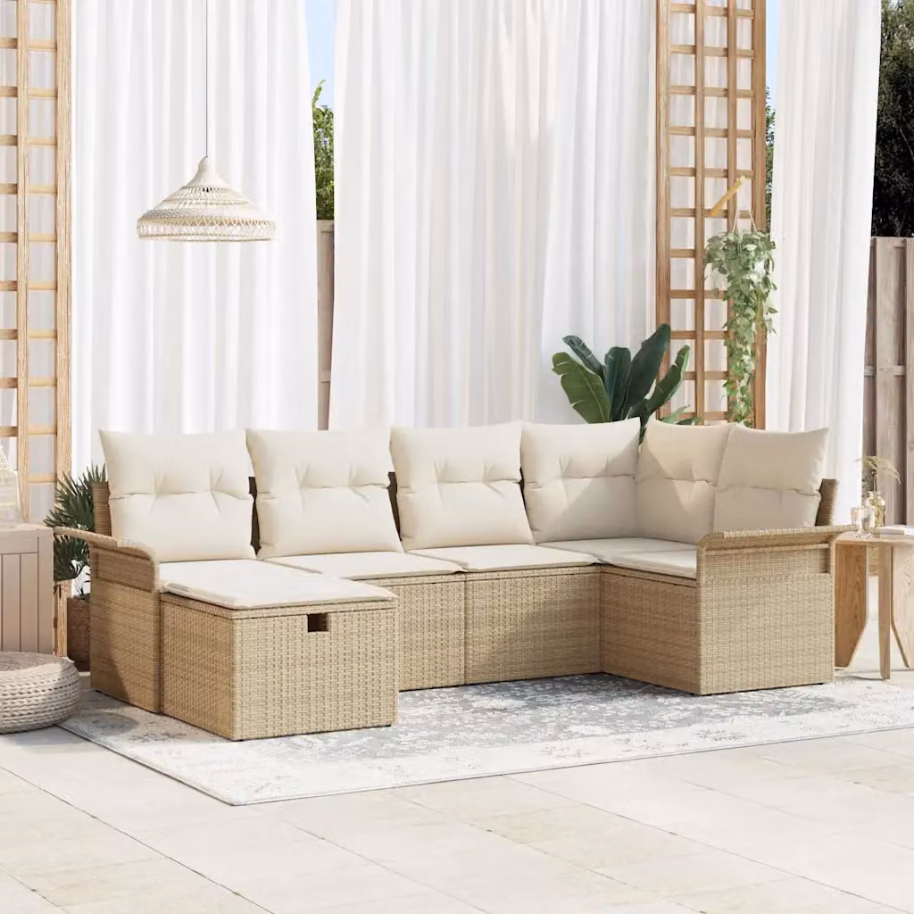 Set Divano da Giardino a L vidaXL in Poly Rattan con Cuscini e Ottoman, 6 Pezzi, Colore Beige