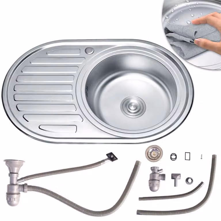 Lavello in acciaio inox da 77 cm Lavello da incasso con vasca rotonda Lavello + ripiano Lavello da cucina Vasca lavello