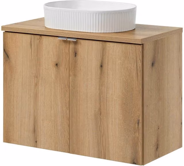 Mobile Pensile Sottolavabo Newport a 2 Ante con Lavabo Ovale Bianco 80x71x40 cm - Effetto Rovere [en.casa]