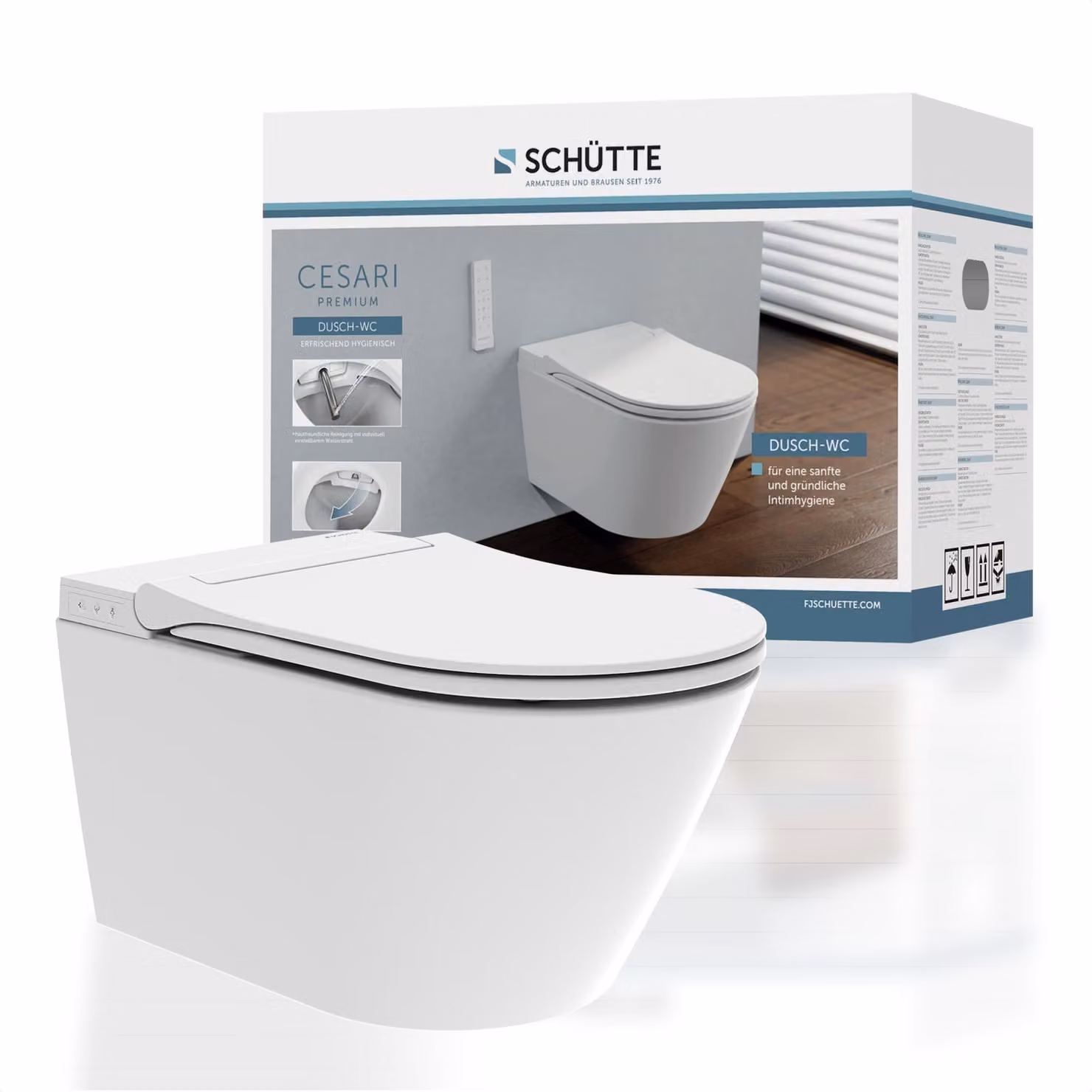 WC con doccia SCHÜTTE CESARI PREMIUM, senza bordo, WC con funzione bidet e doccia per signora, sedile con chiusura ammortizzata bianco, forma a D Slim