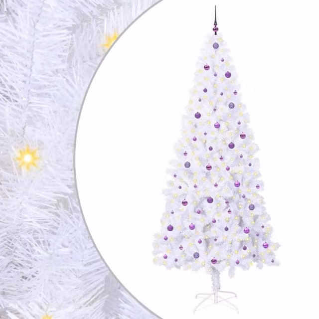 Albero di Natale artificiale bianco con luci LED in PVC e metallo, design minimalista, Altezza: 240 cm
