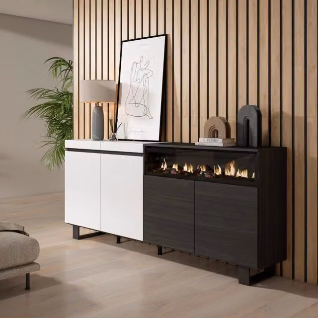 Credenza, Mobile, 200x35x87cm, 4 Porte, Camino elettrico, Design industriale, Bianco e nero RF2398