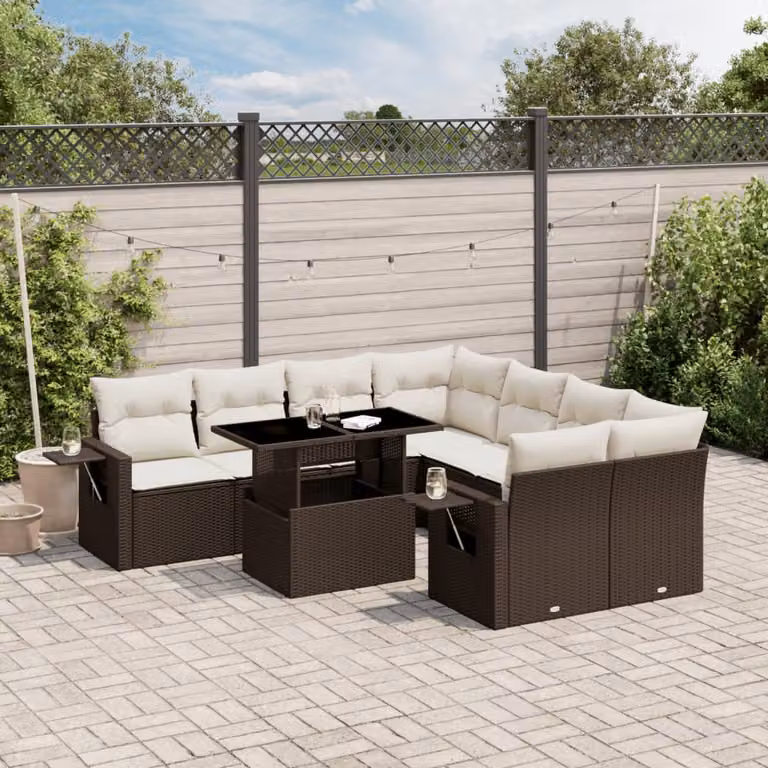Set di divani da giardino vidaXL a forma di L composto da 9 pezzi con cuscini marroni e bianchi in polyrattan e struttura in metallo