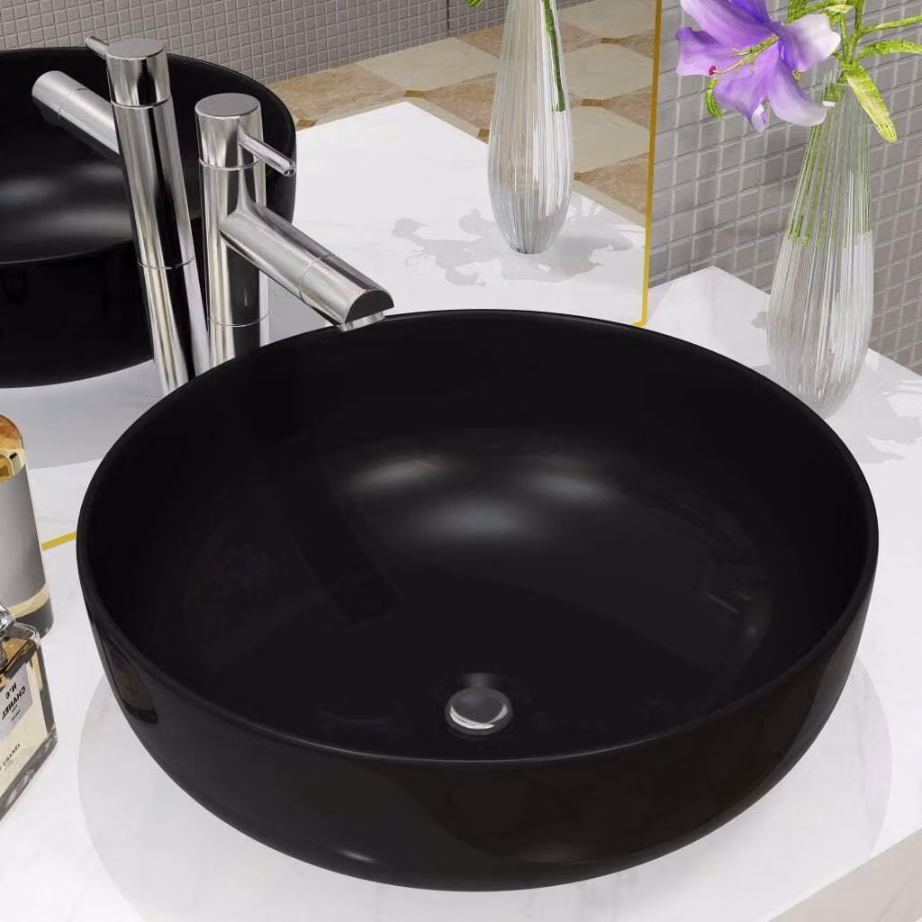 The Living Store Lavabo in Vetroceramica rotondo nero 41,5 x 13,5 cm