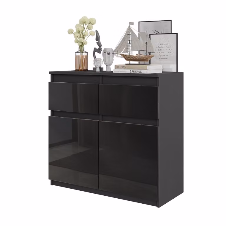 Cassettiera Noah – Antracite / Nero Lucido, 2 cassetti, 2 ante, 2 ripiani, 80 cm – credenza per il soggiorno