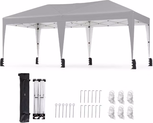Gazebo pop-up portatile da esterno con borsa con ruote per campeggio 12 picchetti, Tenda pieghevole 590x300 cm Grigio-Gazebo