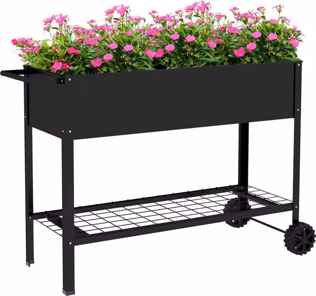 Fioriera su Piedi Outsunny con 2 Mensole e Inserto di Irrigazione in Metallo, Nero, L: 104 cm, P: 39 cm, H: 80 cm