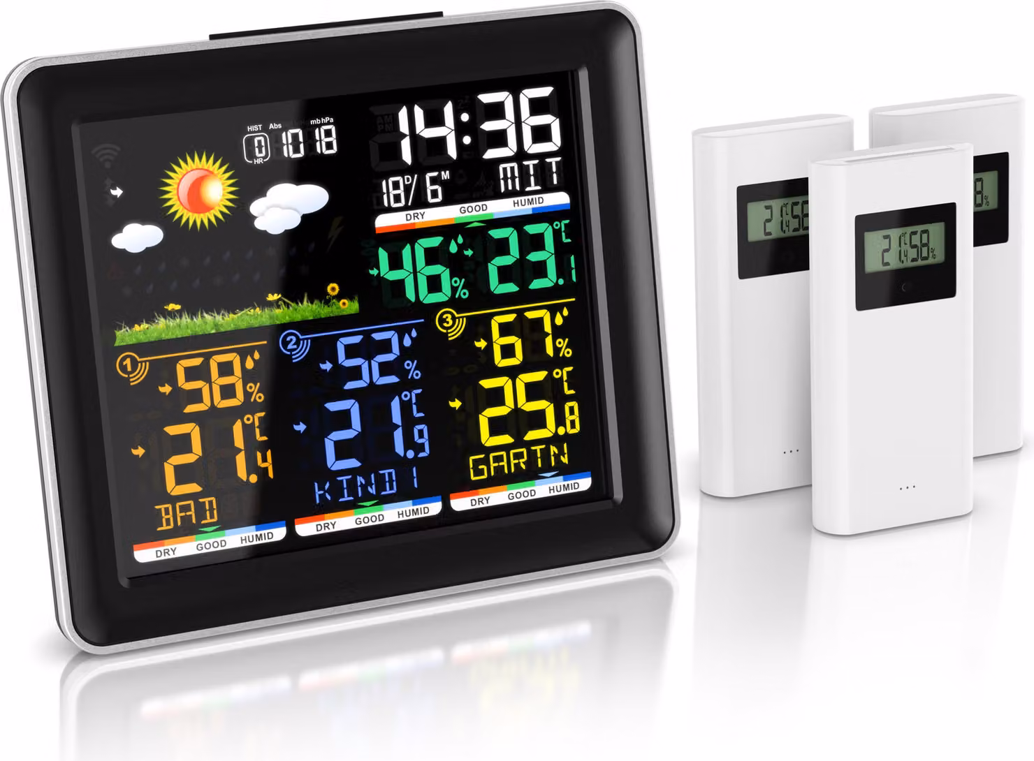 Stazione meteo wireless Brandson con sensore esterno, stazione meteo wireless, display a colori, sensore wireless/sensore esterno, orologio radiocontrollato DCF, pressione dell'aria, previsioni del tempo, barometro, sveglia, allarme, snooze