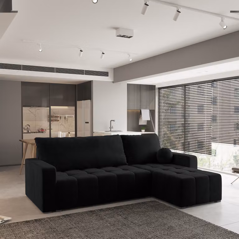 Divano angolare Masseno VOLIRA con funzione letto a L, divano con box letto, divano da salotto, divano, divano, divano letto, set di divani - nero, KRONOS 07
