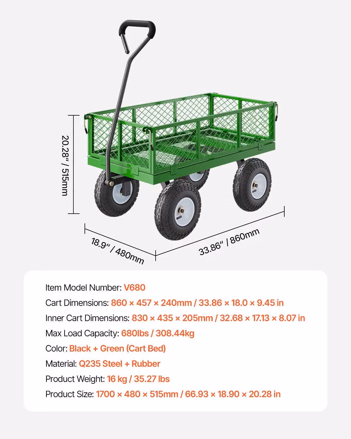 Carrello da giardino - Carrello per il giardino - Robusto - Capacità di carico: 680 lb - Design 2-in-1: piano di carico e struttura a sponde