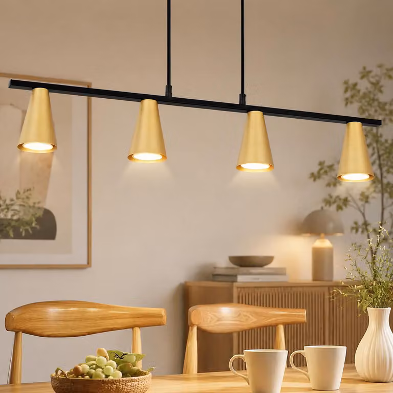 Lampada a sospensione ZMH, 4 luci, lampada da tavolo per sala da pranzo, 70 cm, design moderno, finitura dorata, ideale per la sala da pranzo, lampada a sospensione lineare, attacco GU10, metallo, regolabile in altezza, adatta anche per ufficio e studio