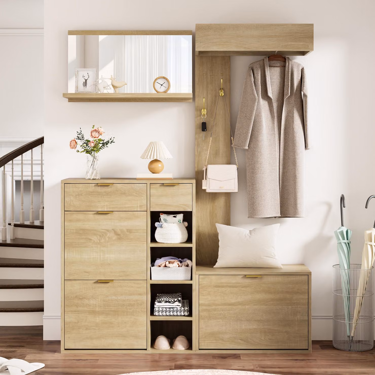 Comodino Flieks con contenitore per scarpe e panca, set di appendiabiti da parete con specchio e pannello, set di appendiabiti per ingresso con ripiano, modello Natural, 130x30x174 cm