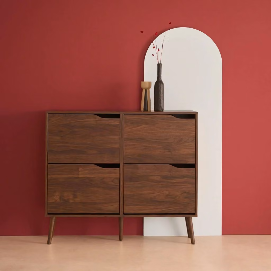 Scarpiera Sweeek in stile scandinavo con ante a ribalta in legno color marrone, L: 110 cm, H: 96 cm, P: 23,5 cm – 2