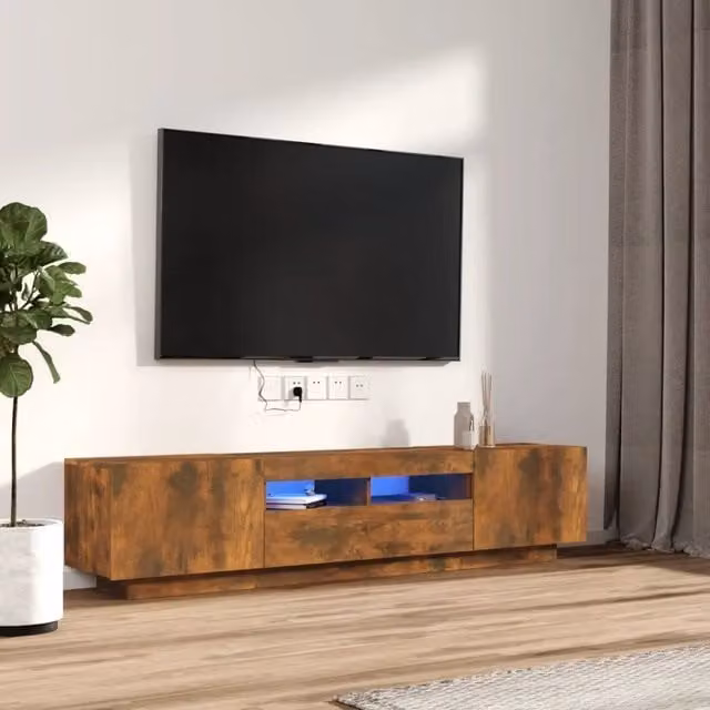 Set di mobili TV moderno vidaXL in legno multistrato color rovere fumo con luci LED integrate per il tuo soggiorno, 2 pezzi