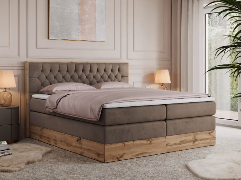 Letto continentale Boxspring AMORE KING con contenitore - 180x200 cm - Materasso H3 - Marrone Velluto - Topper T25