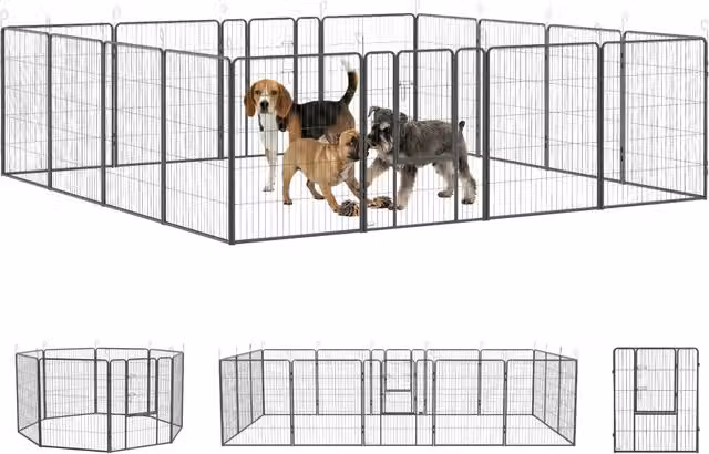 Recinto per cuccioli modulare in acciaio grigio, 16 elementi, 2 porte, resistente alle intemperie, per casa e giardino, 3,2 x 3,2 x 1 m
