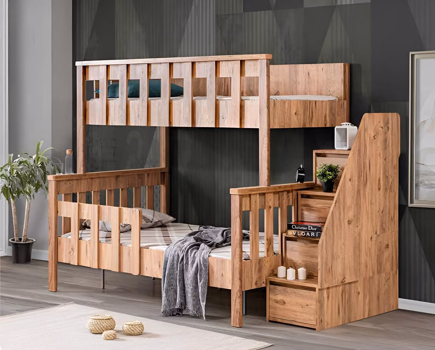 Letto a castello in legno con scaletta e vano contenitore integrato