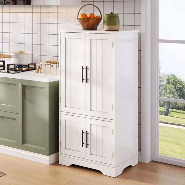 Armadio da cucina bianco 120x60x40 cm, 4 ante con ripiani regolabili e mensole porta, luce LED a sensore, per cucina, sala da pranzo o soggiorno