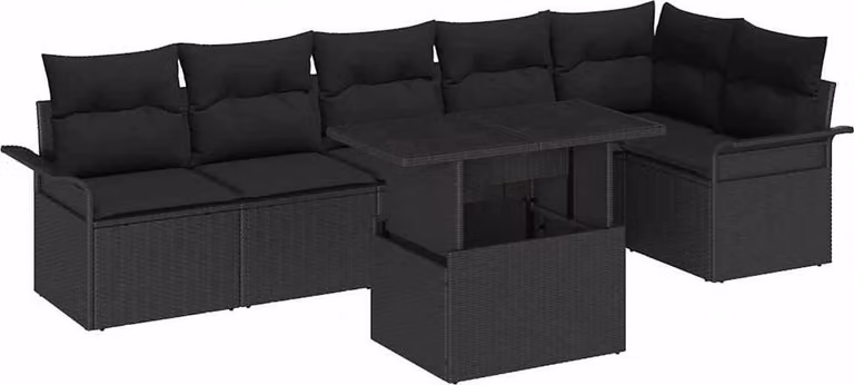 Set Divano da Giardino con cuscino 7 pcs Nero Poly Rattan