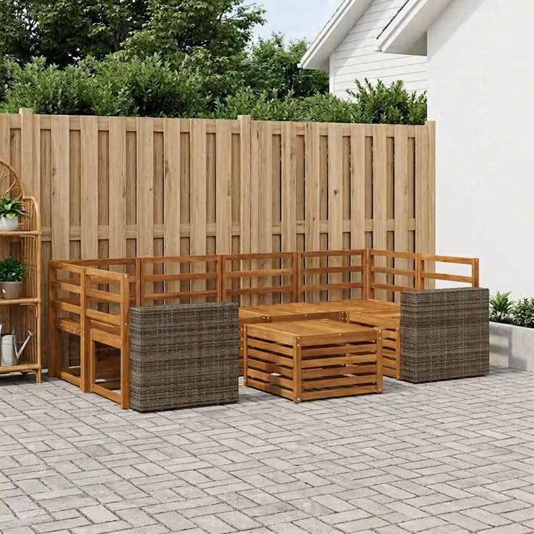 vidaXL Set di divani da esterno 7 pz a forma di U in legno di acacia massello marrone con cuscini inclusi