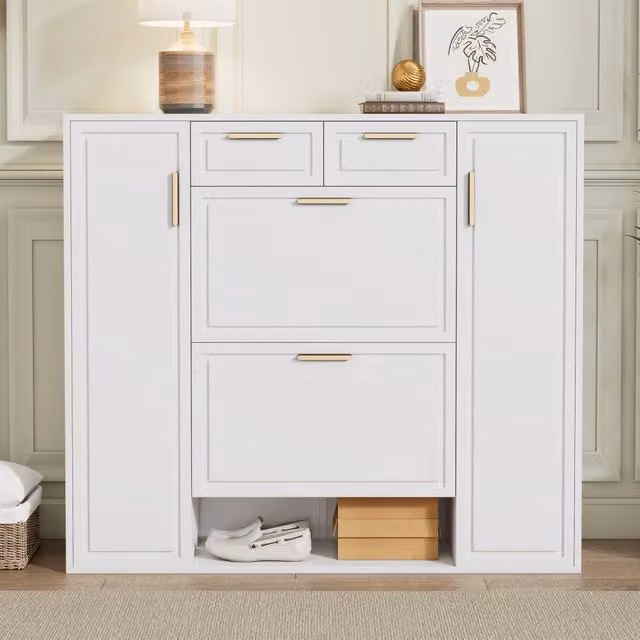 Scarpiera moderna SINGULARTY bianca con maniglie dorate e scomparti ribaltabili L/P/H: 107 x 46,2 x 24 cm