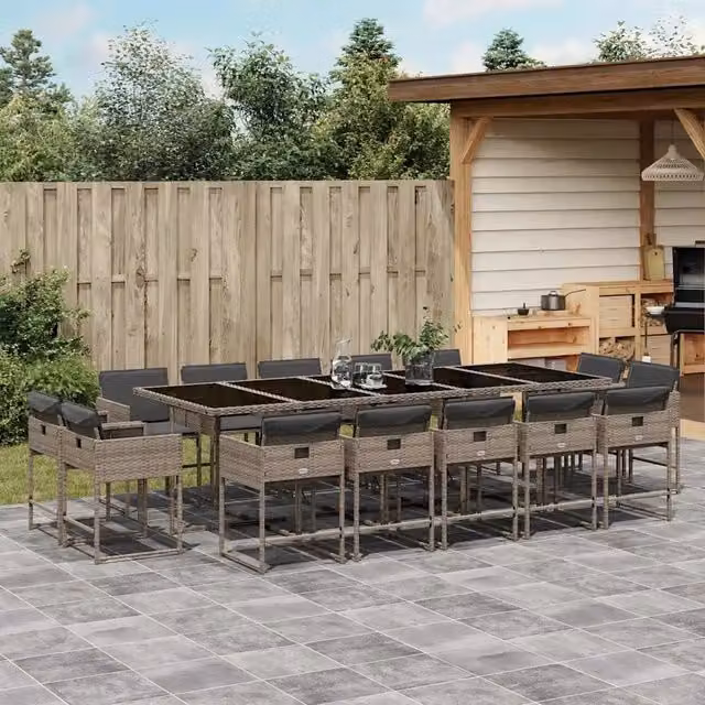 Set da pranzo da giardino vidaXL in polyrattan e vetro con 15 pezzi e cuscini grigi – 1