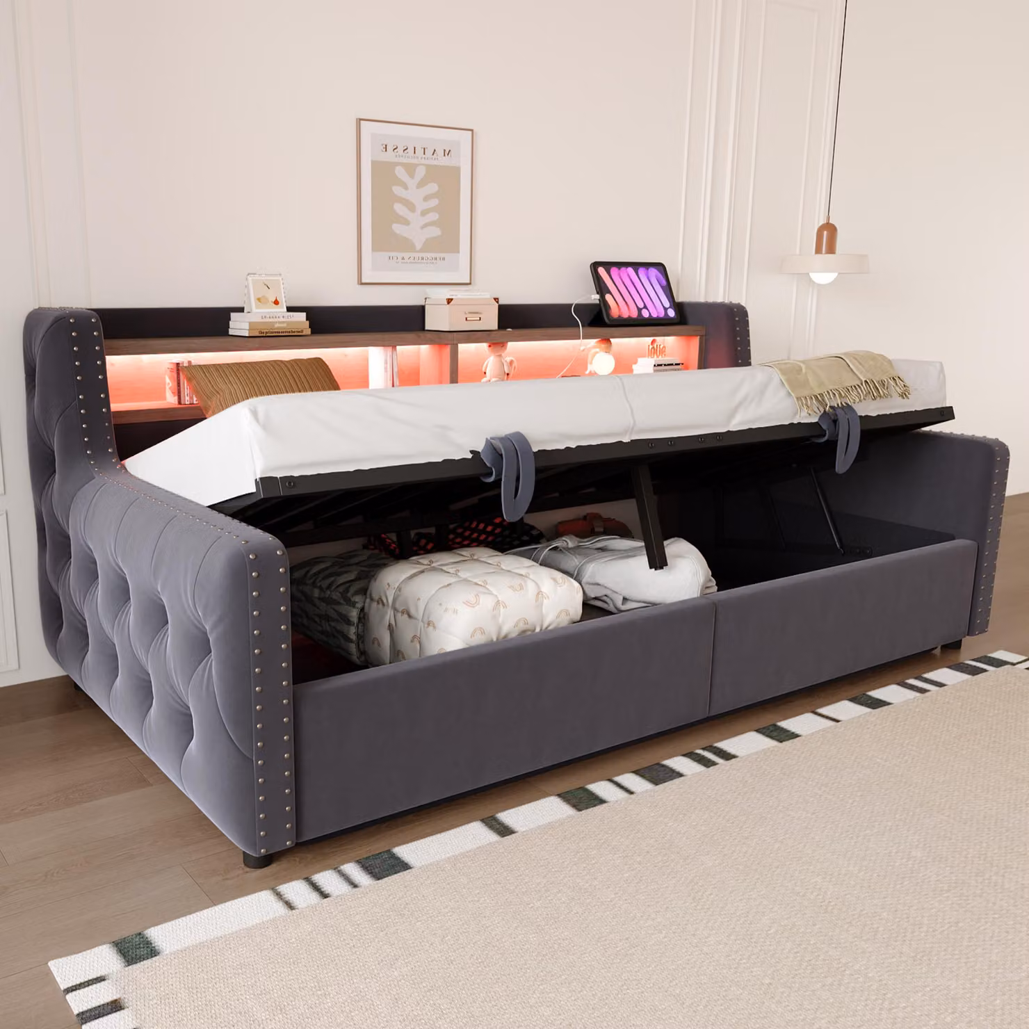 Flieks divano letto da giorno 90x200cm con contenitore, letto imbottito per ragazzi con led, divano letto singolo con funzione di carico, velluto, grigio scuro