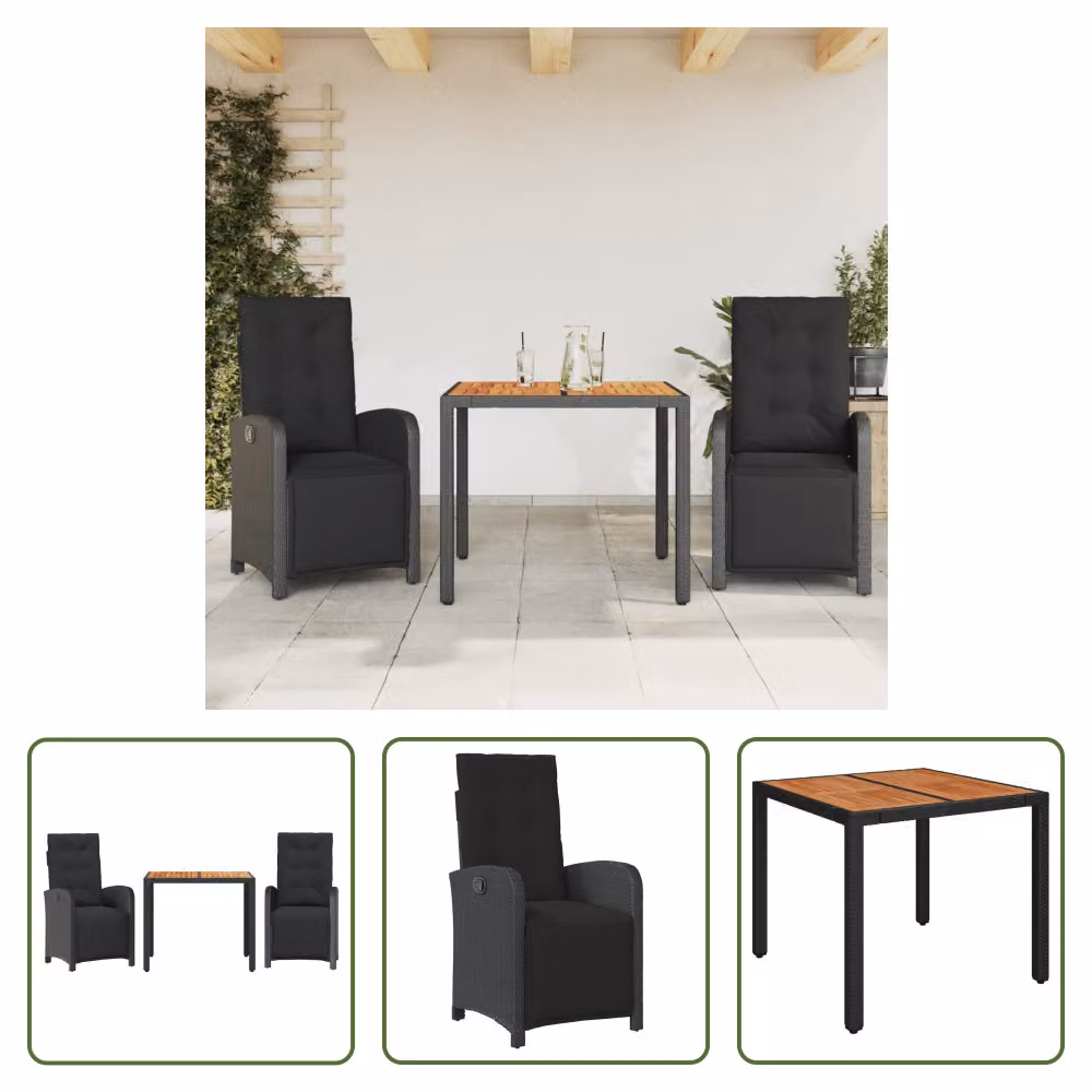 The Living Store Set bistrot 3 pezzi con cuscini in poly rattan nero