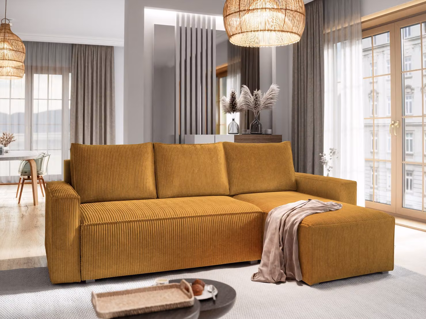 Divano angolare Masseno POTARO con funzione letto a L, divano con box letto, divano da salotto, divano, divano, divano letto, set di divani - giallo, POSO 01
