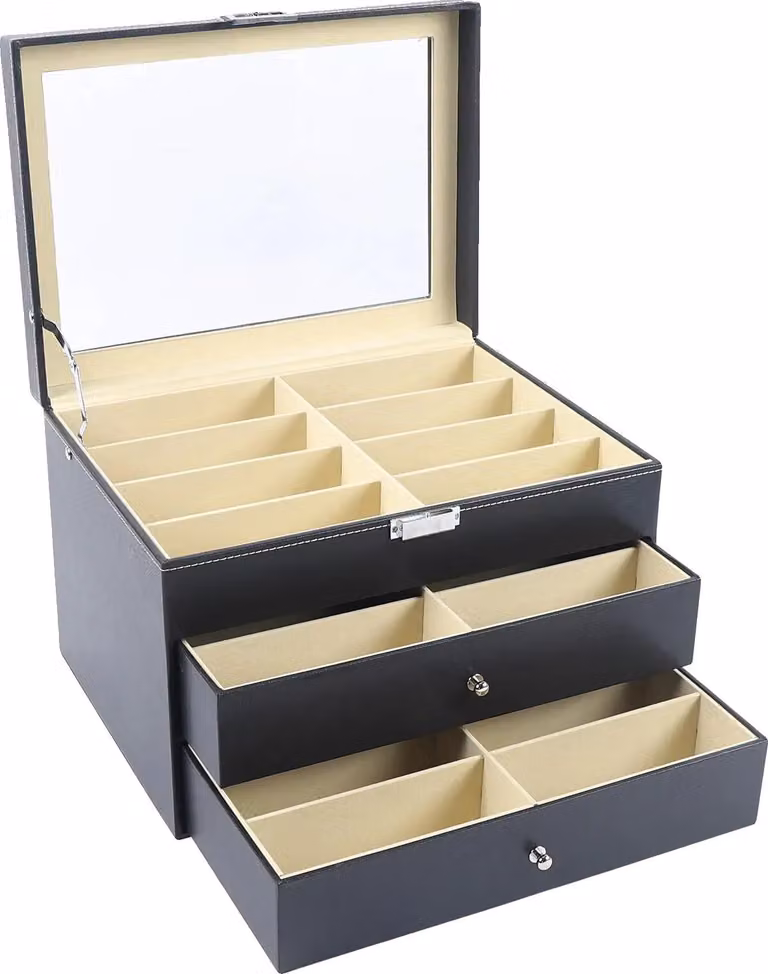 Espositore per occhiali da sole, organizzazione elegante, design a scomparti multipli, nero
