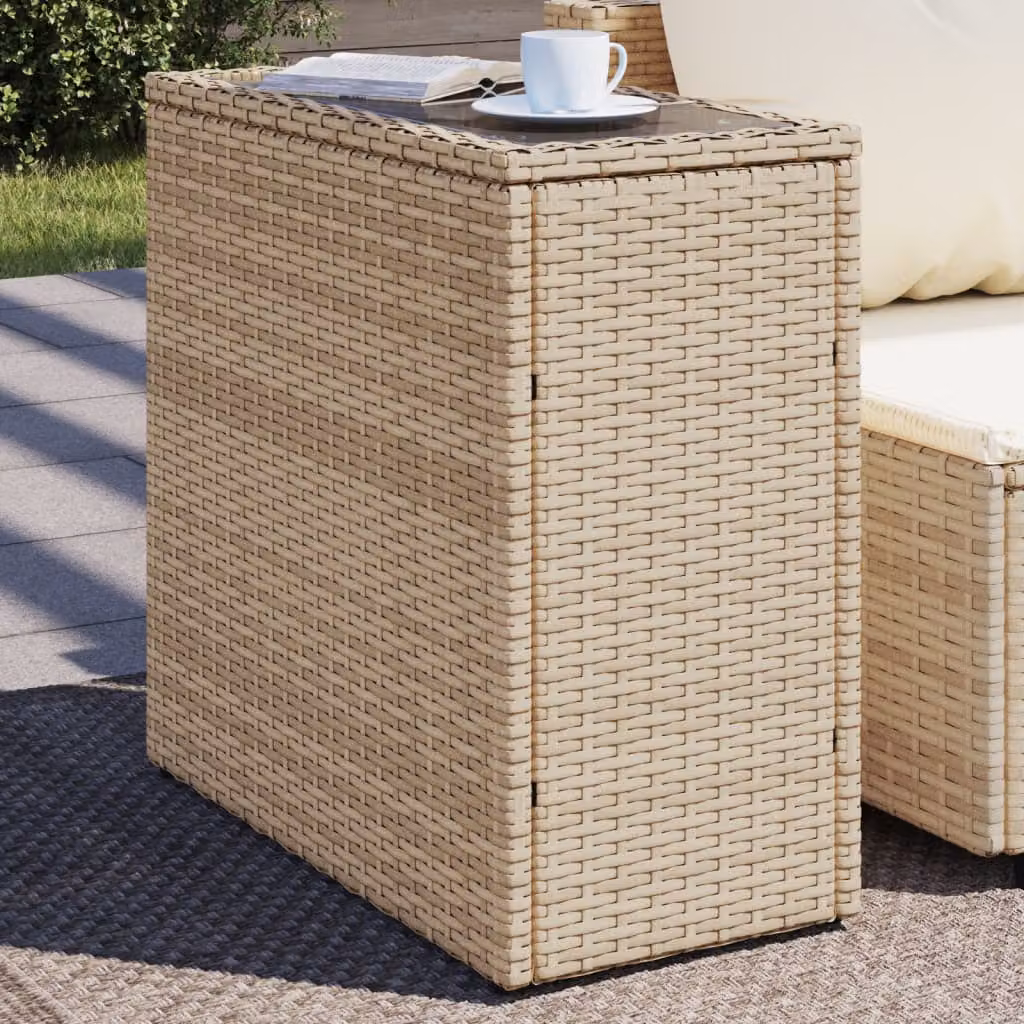 vidaXL Tavolino da Giardino Moderno in Polyrattan con Piano in Vetro, Beige, L: 58 cm, P: 27,5 cm, H: 55 cm