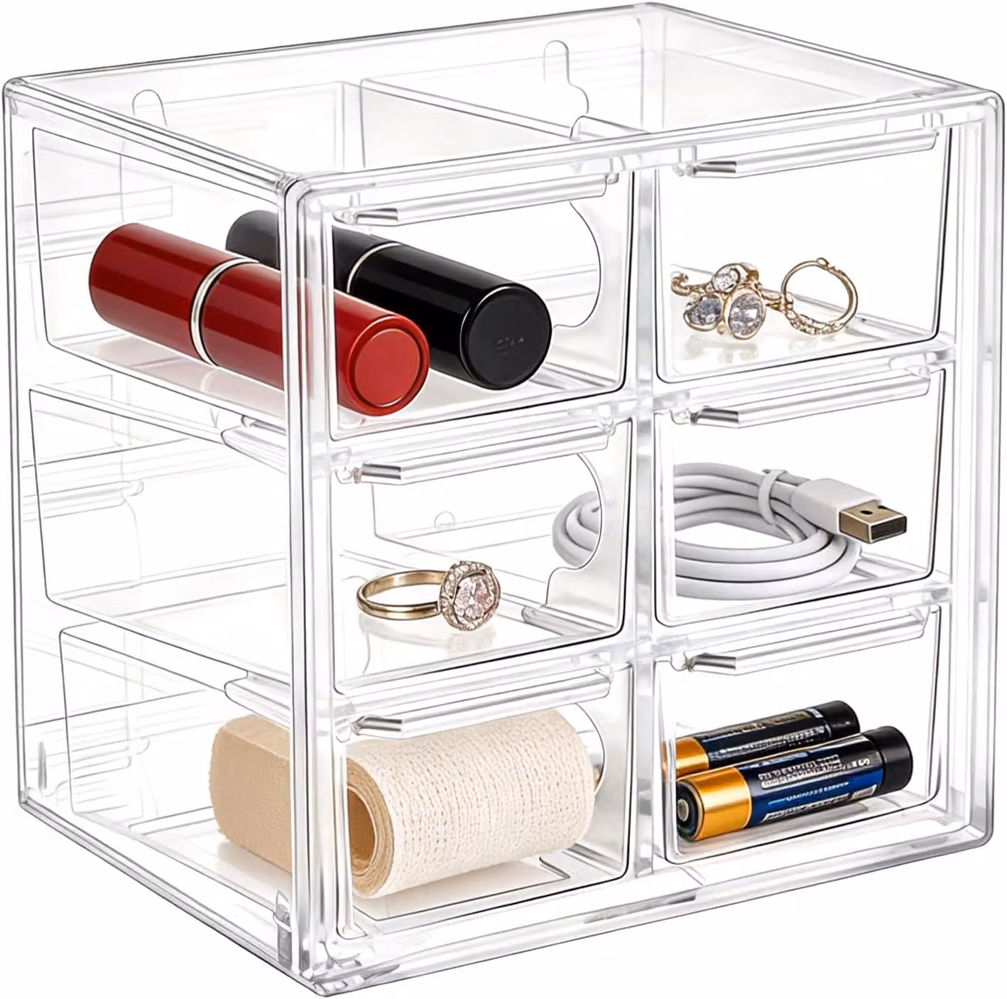 Piccola scatola portaoggetti con 6 cassetti, in acrilico trasparente, dimensioni 12x12x9,5 cm, ideale per l'ufficio e il fai-da-te