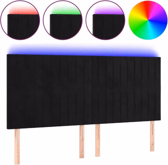 Testata del letto moderna in velluto nero con illuminazione LED integrata e porta di ricarica USB L: 180 cm, P: 5 cm, H: 118/128 cm – 1