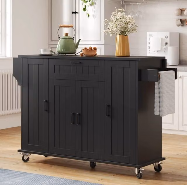 Isola da cucina mobile nera con piano allungabile, 4 ante, 1 cassetto e portacarta doppio, 120×45(70)×95 cm