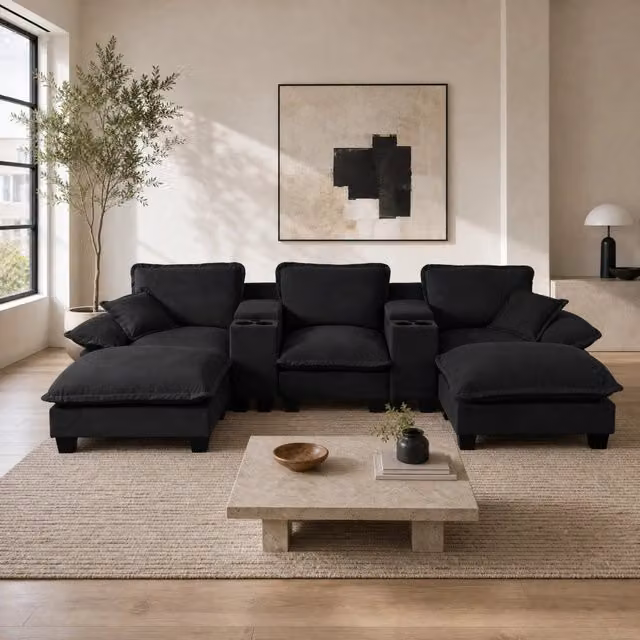 Divano angolare moderno MIVRAY in velluto nero con vani contenitore, portabicchieri, ricarica USB e ottomana coordinata per il tuo soggiorno L/P/H: 323 x 155 x 90 cm