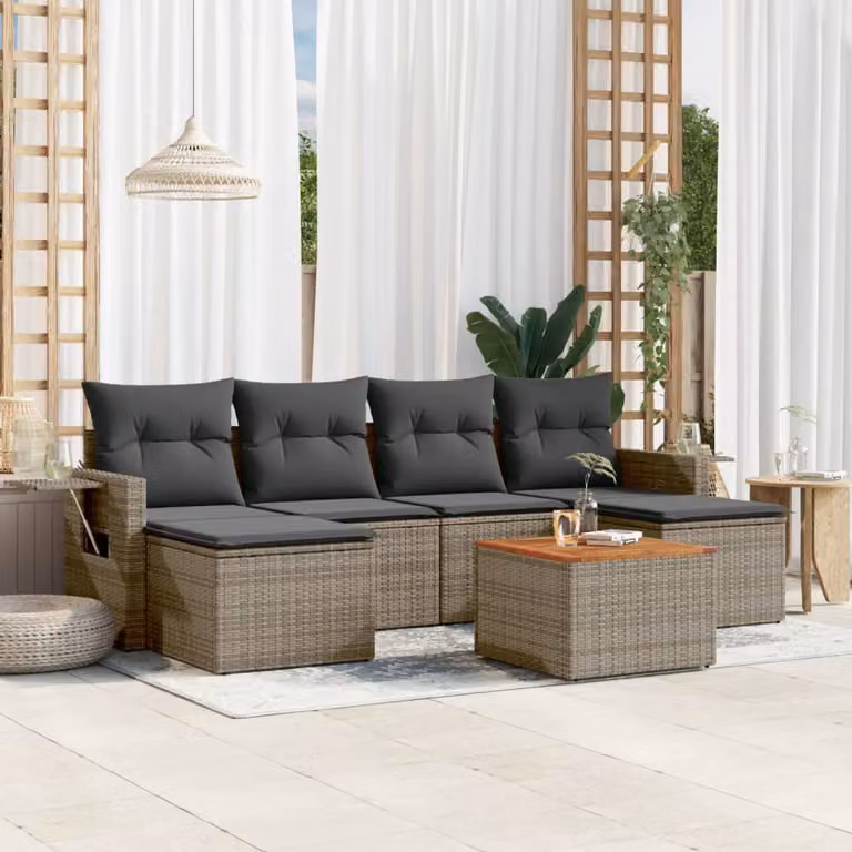 vidaXL Set Divani da Giardino 7 pz a Forma a L in Polyrattan Grigio con Cuscini e Tavolino