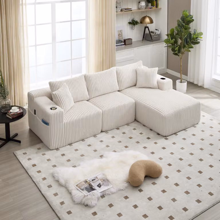 LVHOM Divano componibile con funzione letto, divano angolare con rivestimento in velluto a coste, 3 posti con cuscini, divano letto senza montaggio, divano lounge 257x80x160cm, beige
