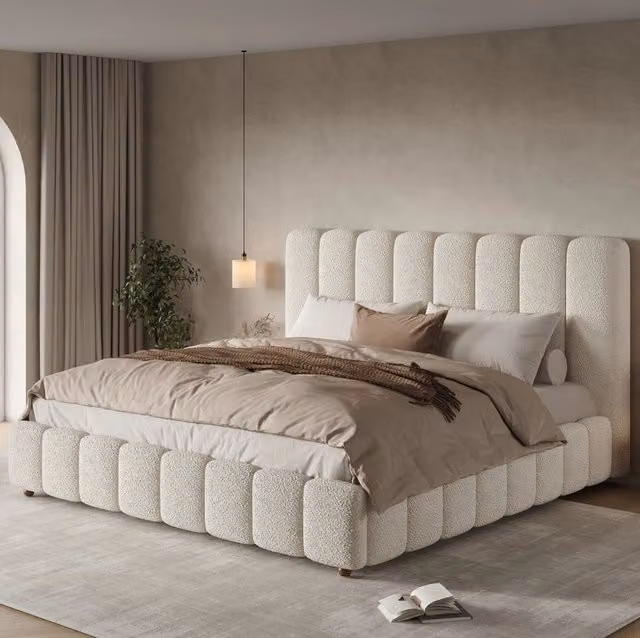 Letto imbottito 160x200 cm con contenitore idraulico; doghe incluse; bouclé bianco