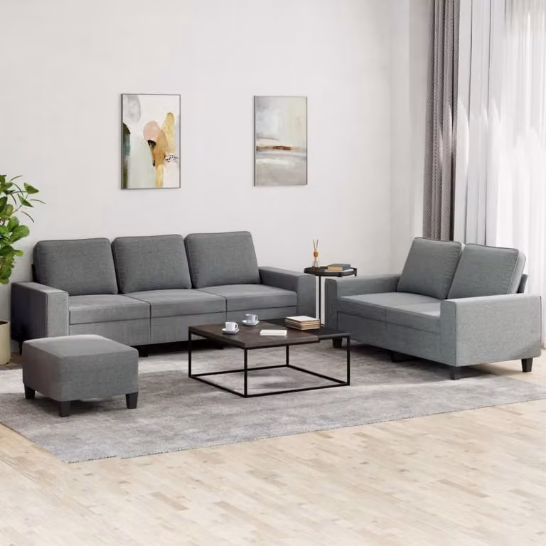 Set di divani 3 pezzi vidaXL in tessuto grigio con pouf e cuscini per soggiorno moderno