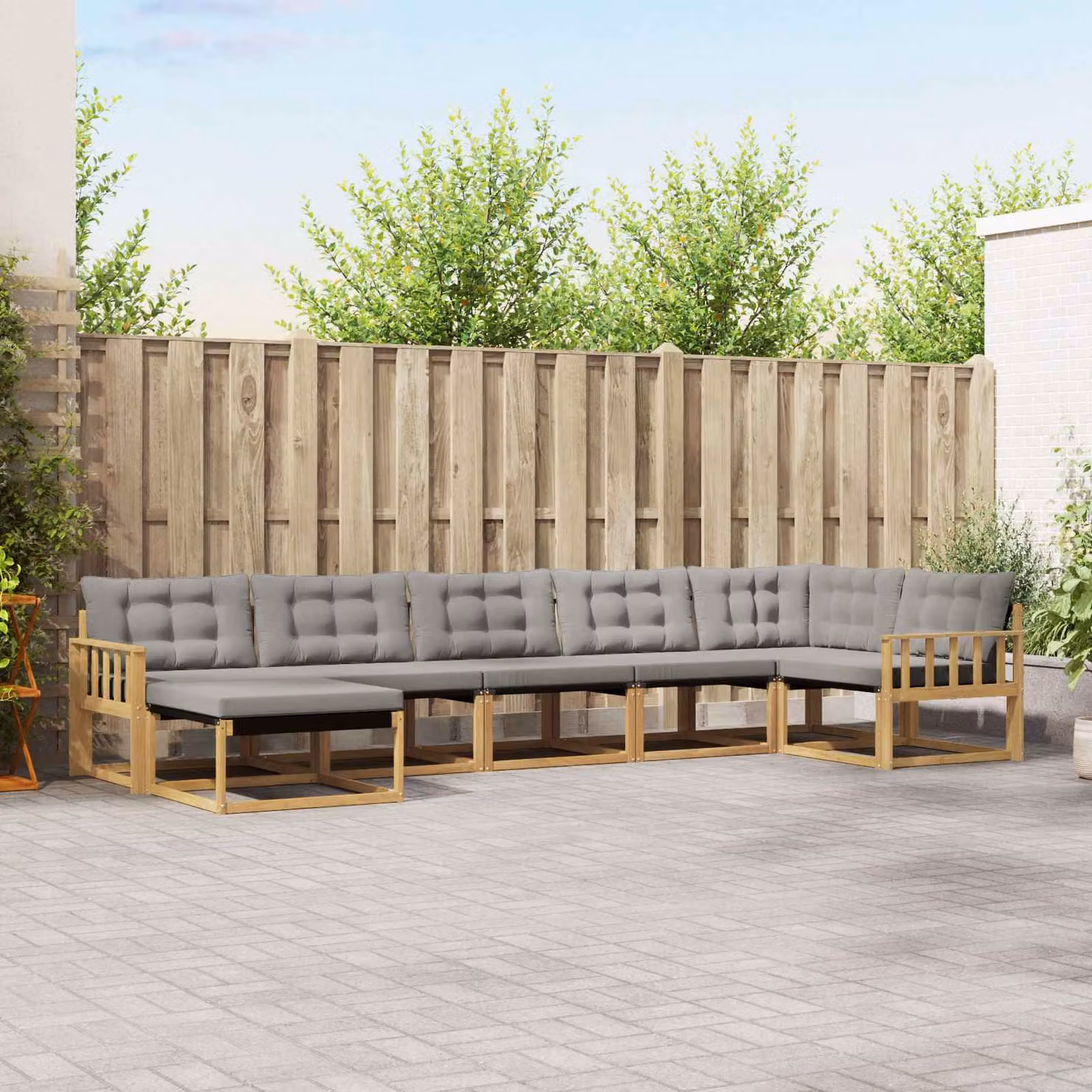 Set di divani da esterno vidaXL 7 pz a forma di L in legno di acacia con pouf, colore bianco e grigio