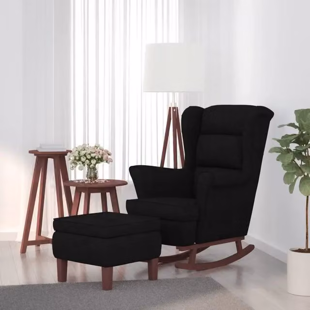 Sedia a dondolo moderna vidaXL con schienale alto in velluto nero e pouf coordinato con struttura in legno massiccio