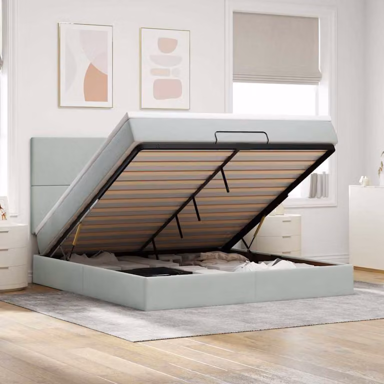 Letto con contenitore a sollevamento vidaXL in velluto grigio e bianco con porta USB e illuminazione sottostante L: 180 cm, P: 200 cm, H: 128 cm