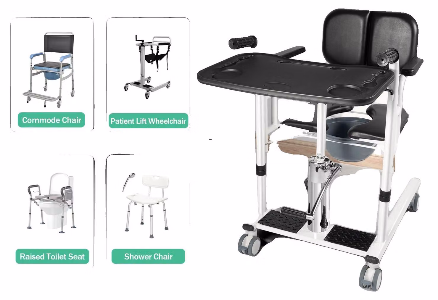 Sedia di trasferimento con sollevatore per pazienti, sistema di sollevamento idraulico, design autoportante, colore nero