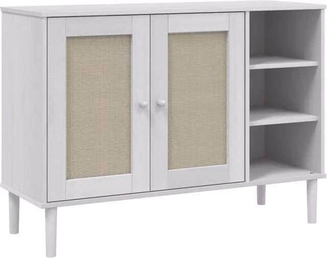 Buffet credenza in legno massello di pino bianco con effetto rattan per cucina e soggiorno L/P/H: 112 x 40 x 80 cm