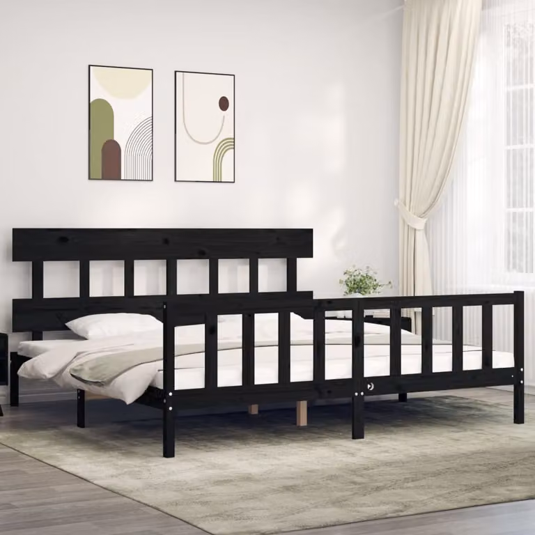 The Living Store Letto in legno massiccio con testiera nera 200x200 cm
