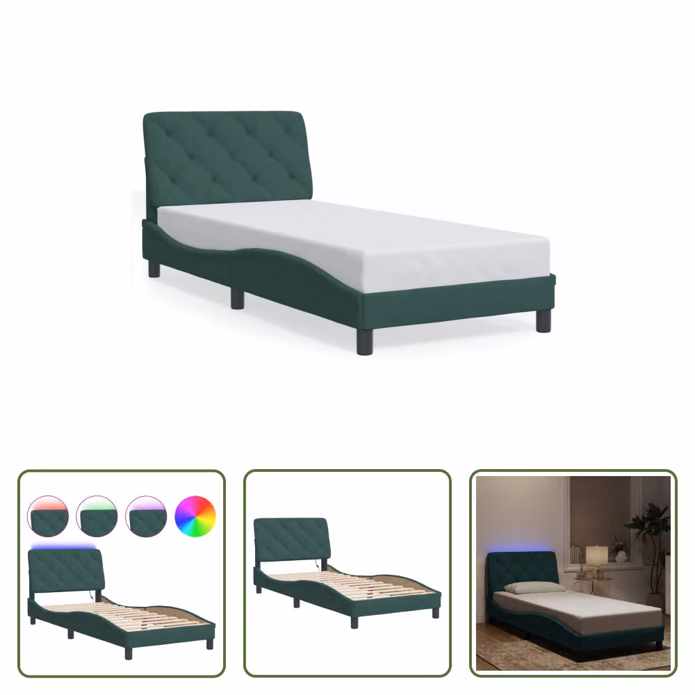 The Living Store Struttura letto con luci LED Verde scuro 90x190 cm in velluto